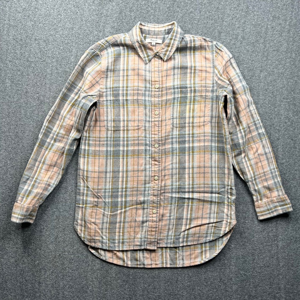 Madewell Plaid Flannel Shirt Womens Small Pink Gray Cotton Button Down E1483